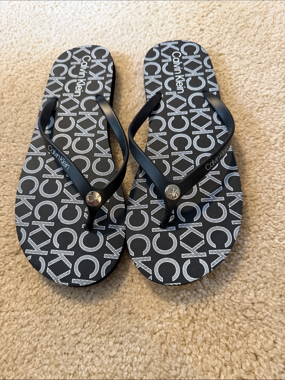 Calvin Klein Black & White Monogram Flip Flops